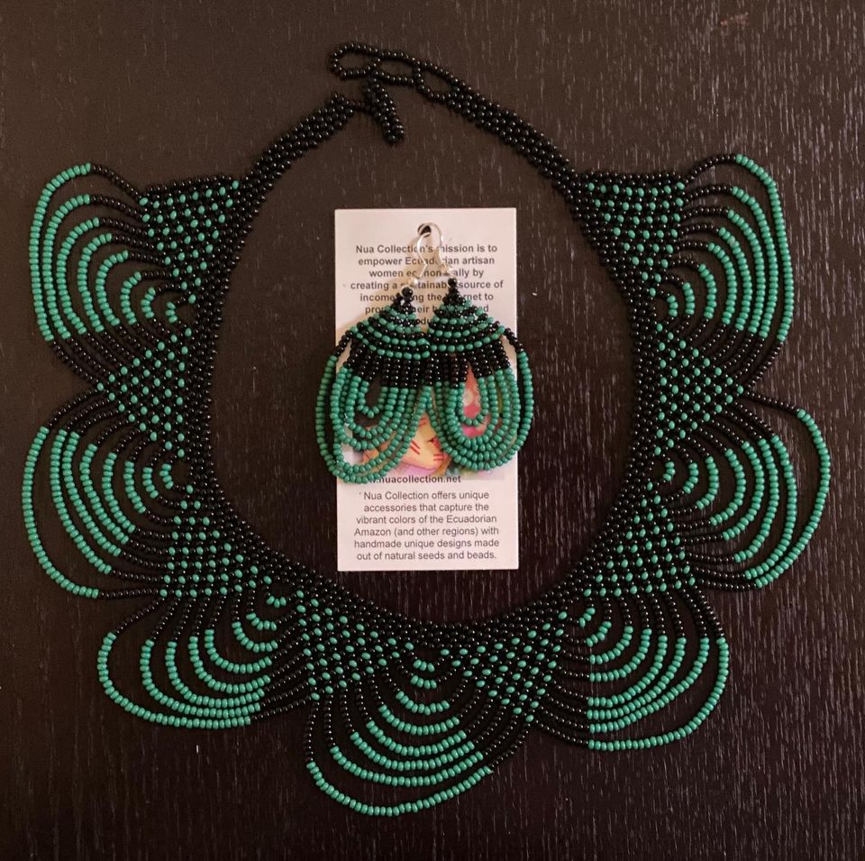 Handmade Green and Black Necklace + Earrings