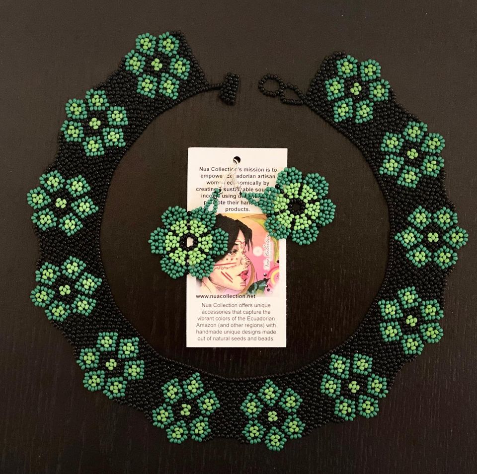 Handmade Green Flowers Necklace + Earrings