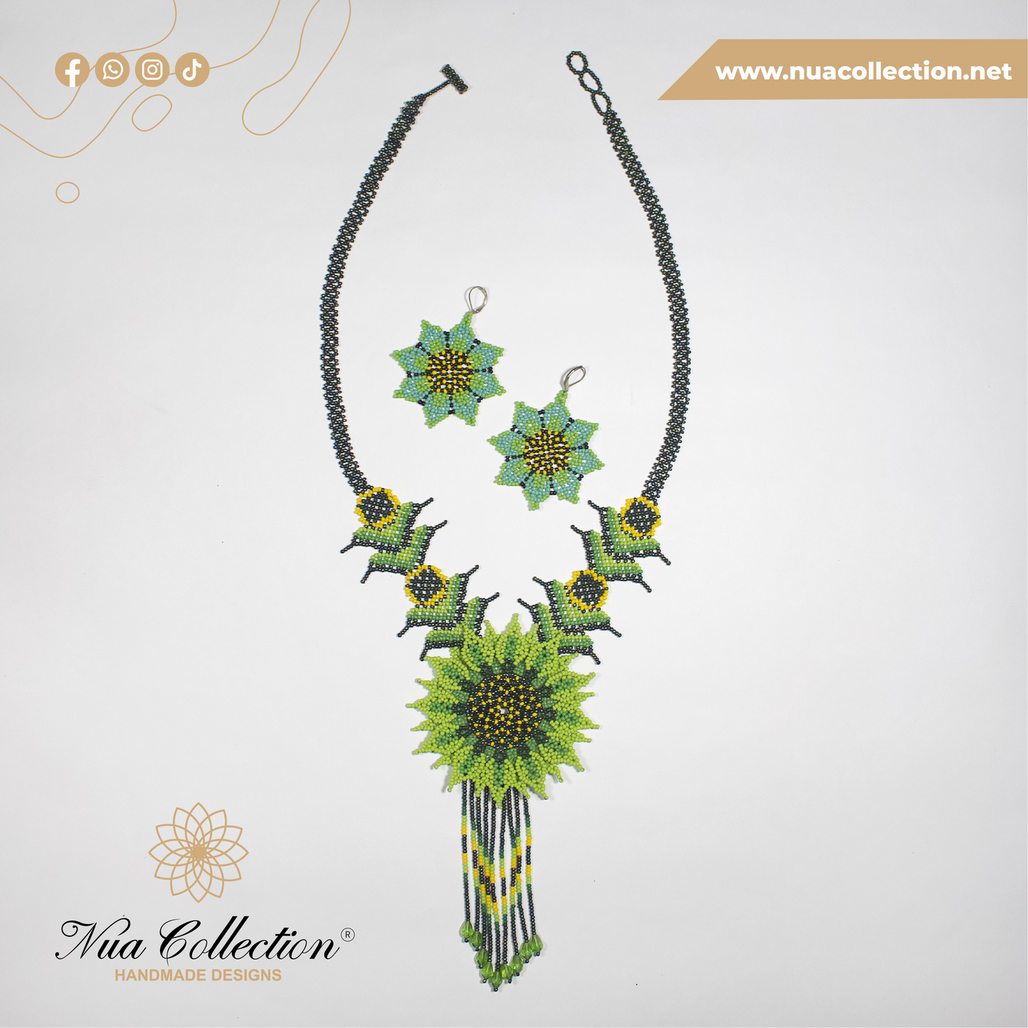Handmade Green Sunflower Necklace + Earrings