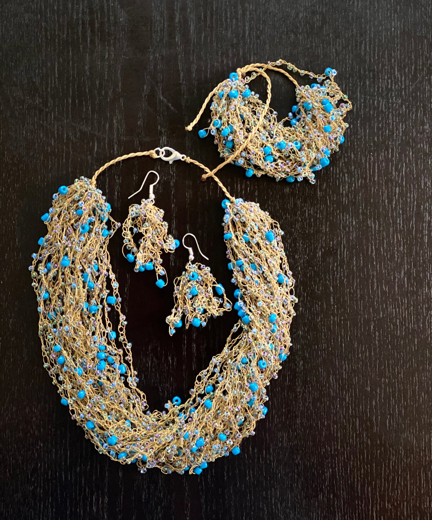 Handmade Turquoise/Tan Necklace + Earrings + Bracelet