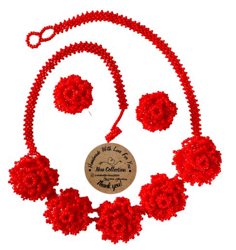 Handmade Red Rose Necklace + Earrings