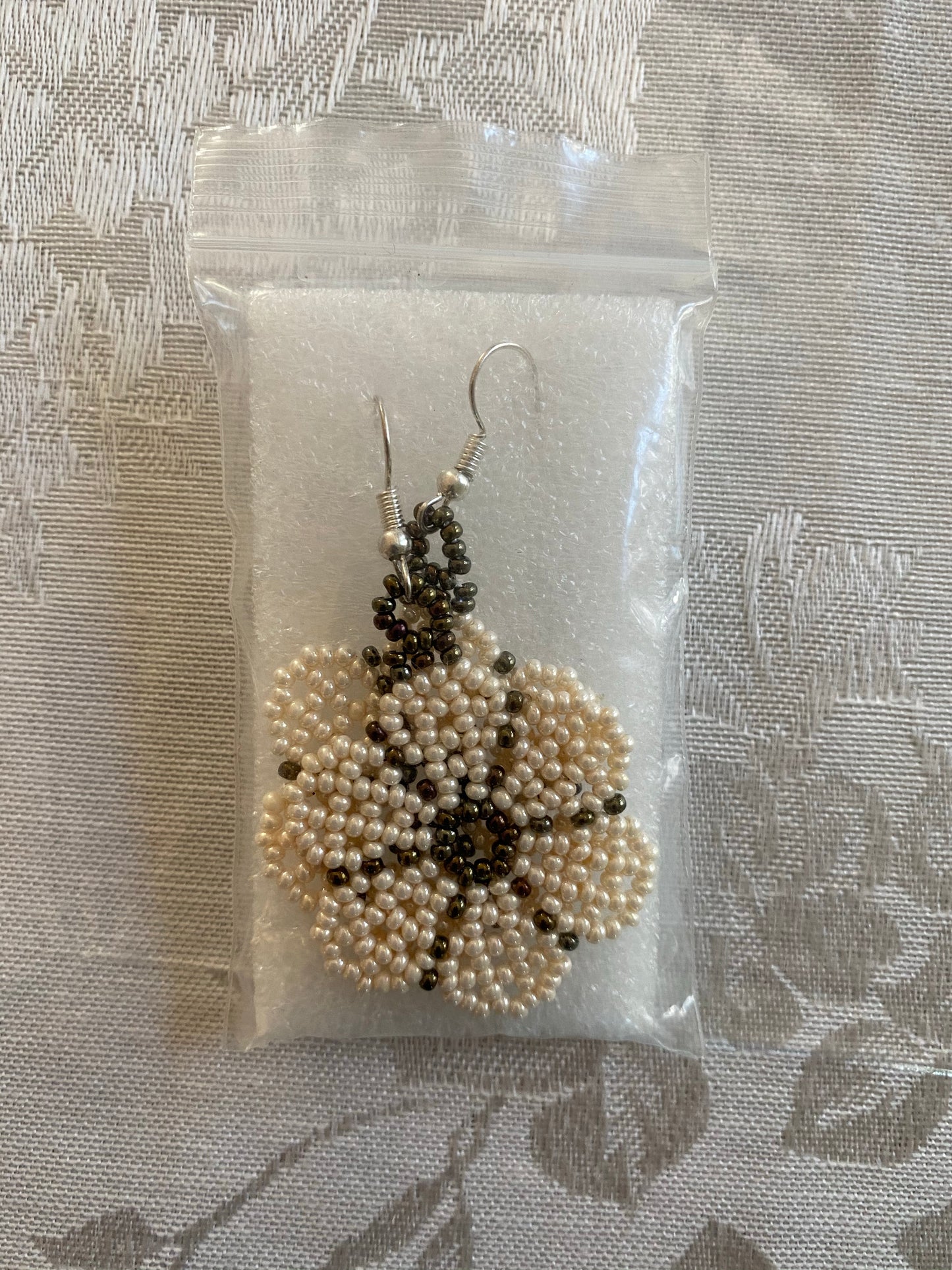 Handcrafted White/Dark Green Beaded Earrings