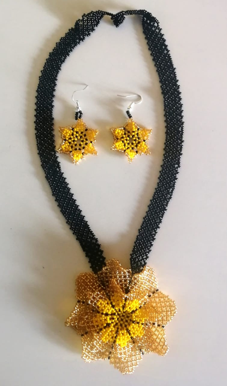 Handmade Yellow Flower Necklace + Earrings