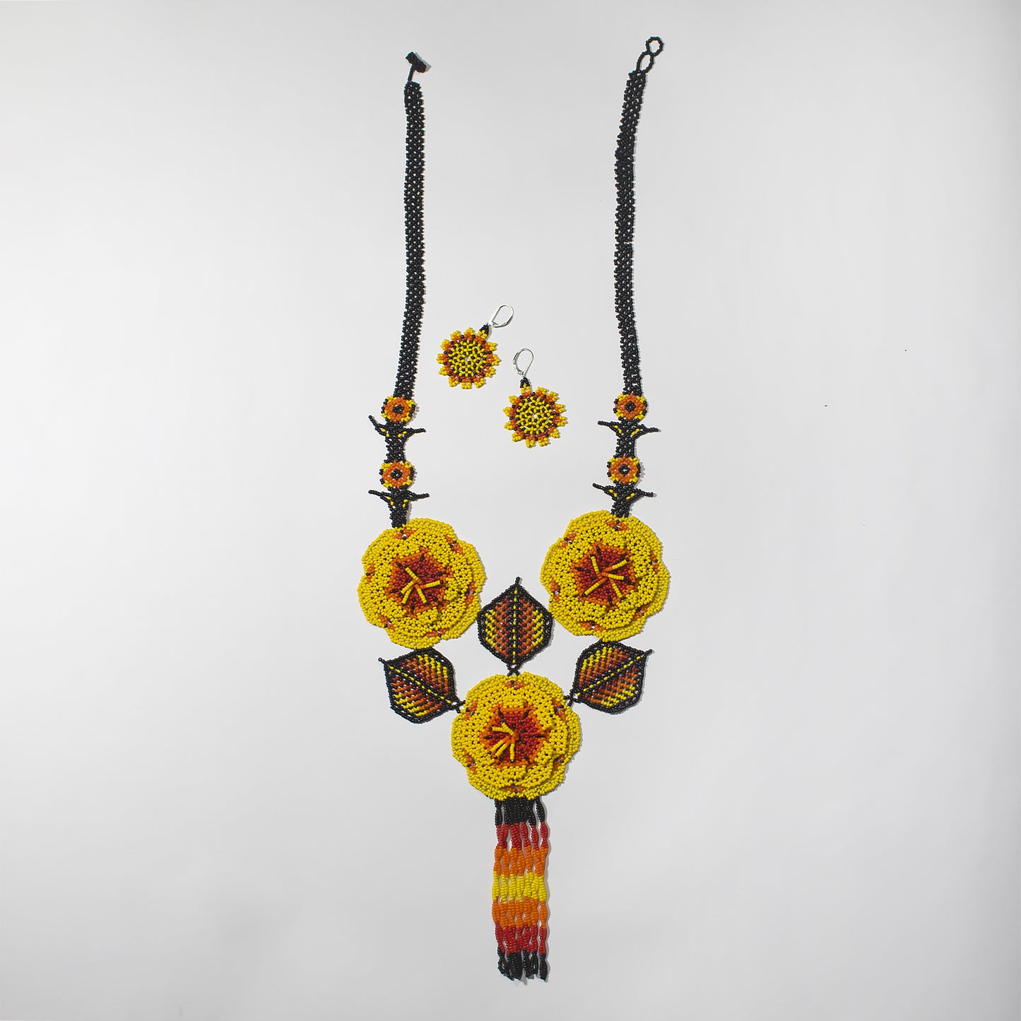 Yellow, black, red and orange flowers and leaves long necklace & earrings set