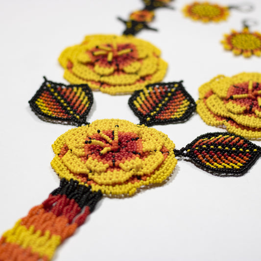 Yellow, black, red and orange flowers and leaves long necklace & earrings set