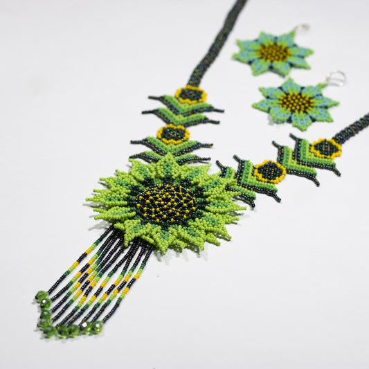 Handmade Green Sunflower Necklace + Earrings