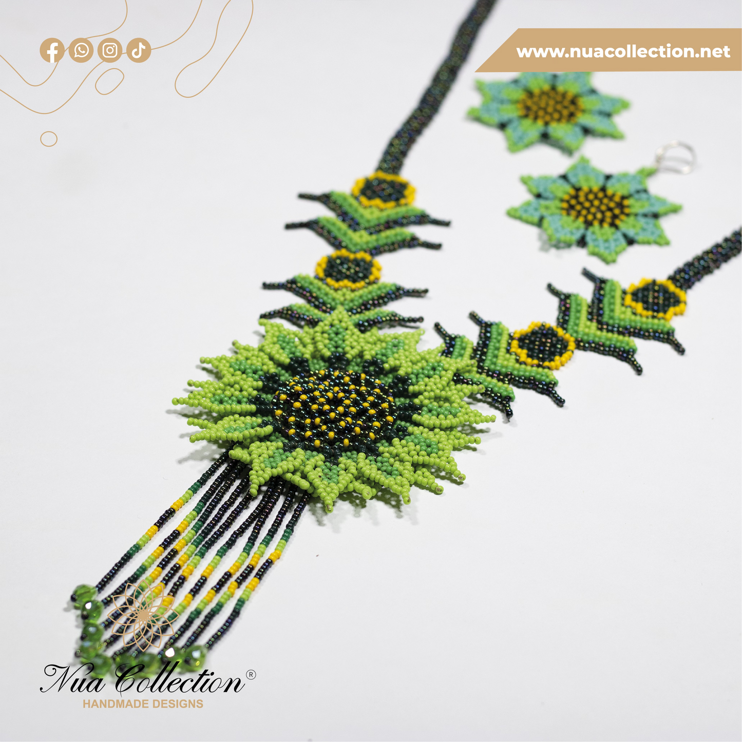 Handmade Green Sunflower Necklace + Earrings