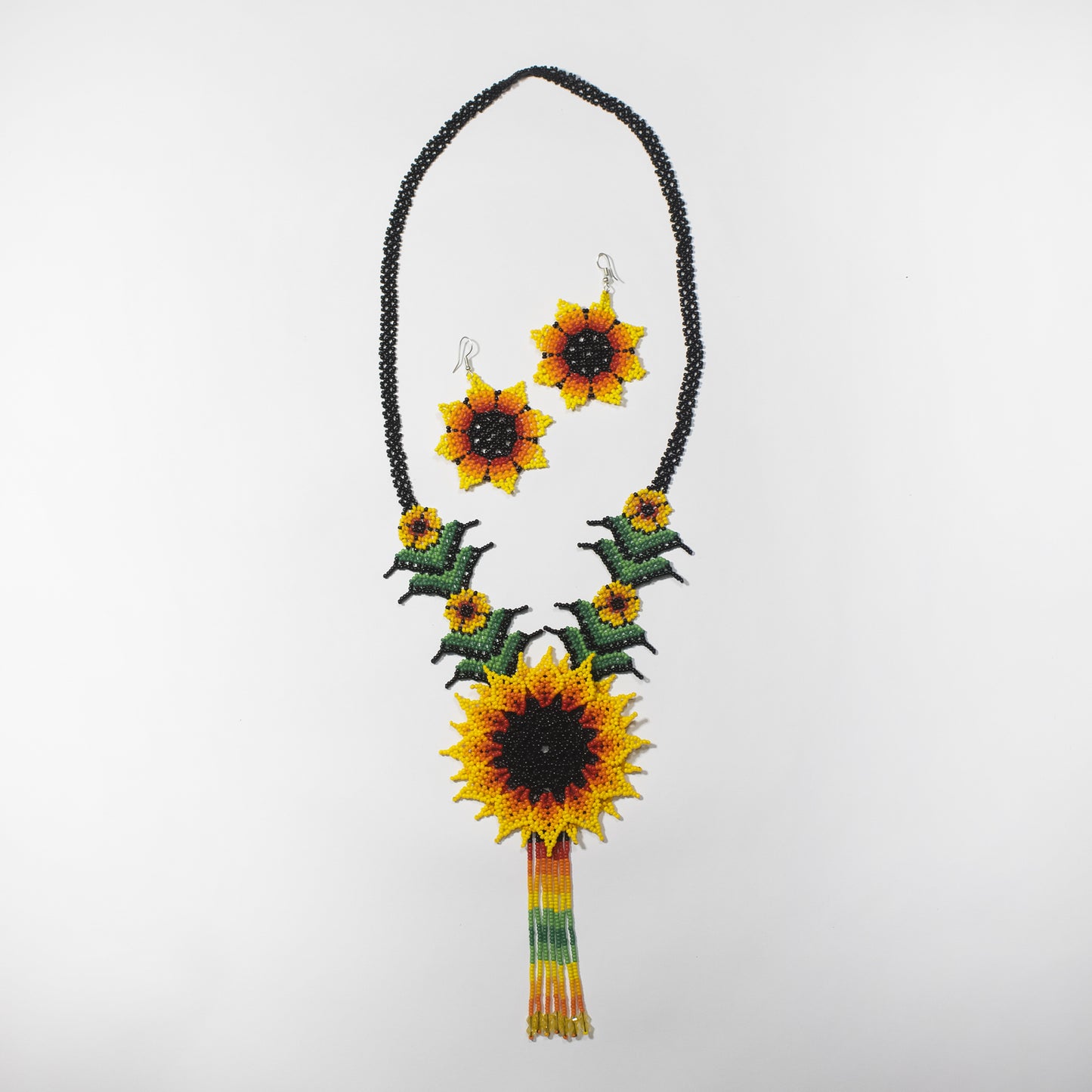 Yellow, black, orange and green sunflower and leaves long necklace & earrings set