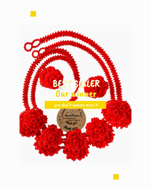 Handmade Red Rose Necklace + Earrings